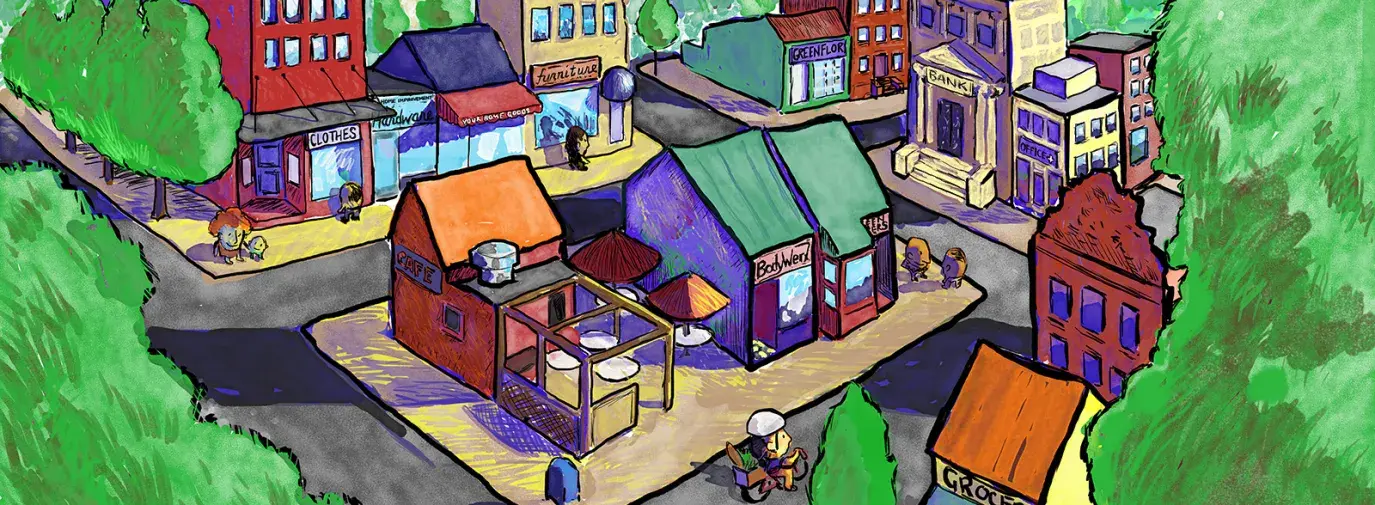 Image: illustration of small town. Title: 16 Green Businesses You Need in Your Life